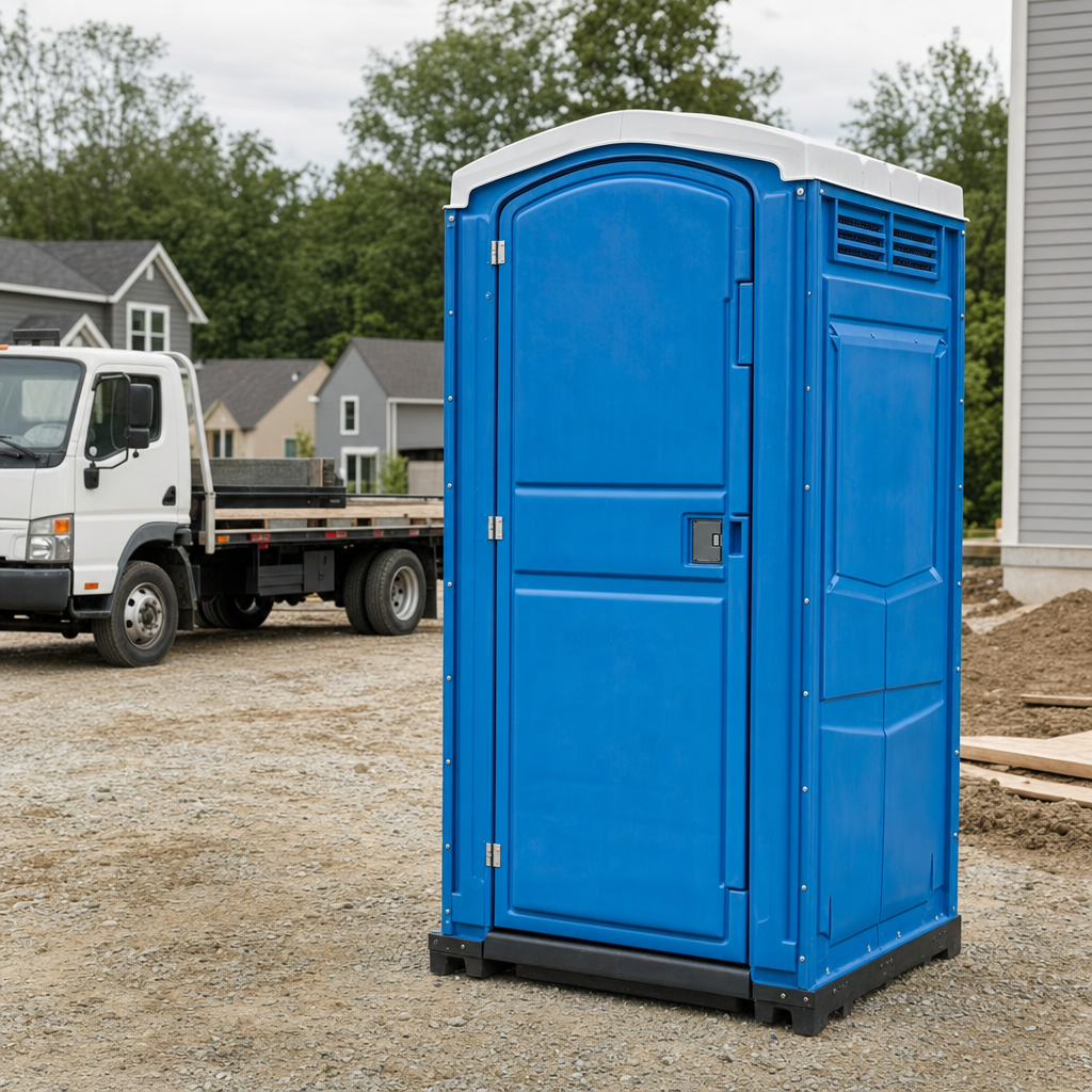Delivery driver positioning a clean royal-blue portable toilet on level ground at a Smyrna worksite