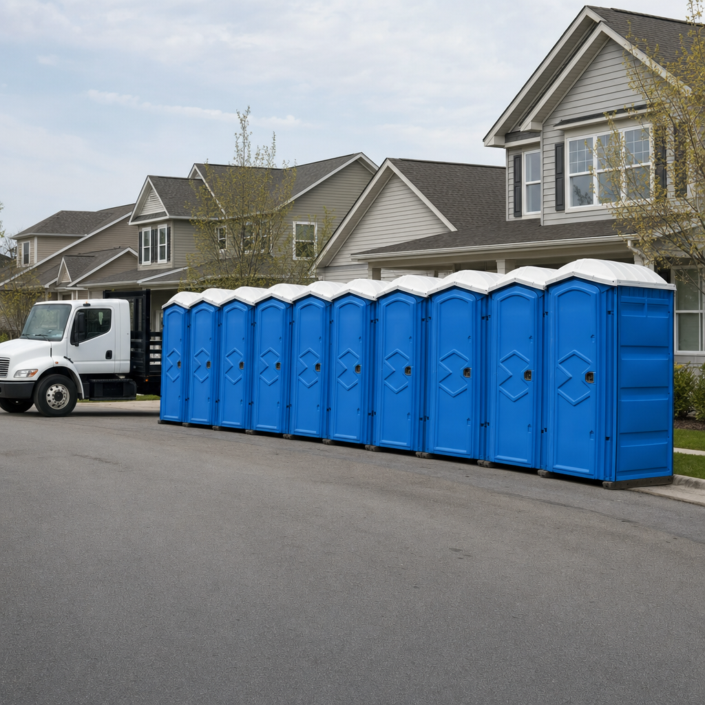 Royal blue portable toilets staged in a tidy row at a Smyrna jobsite, ready for delivery